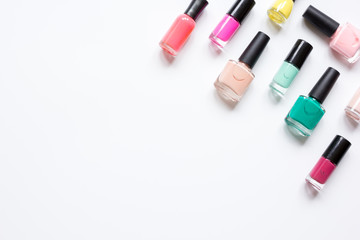 Close up of nail polish white background top view space for text