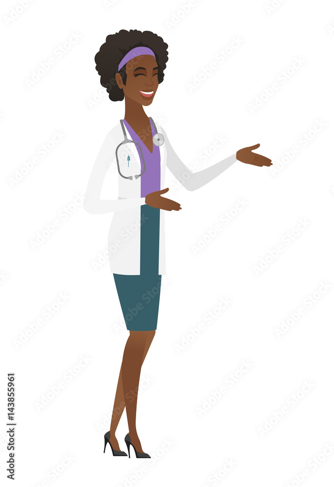 Sticker Young african-american happy doctor gesturing.