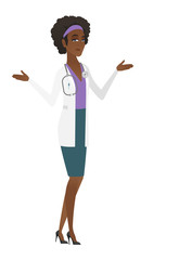 African-american confused doctor with spread arms.