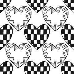 Black and white seamless pattern with decorative hearts for coloring book, page. Romantic ornament.