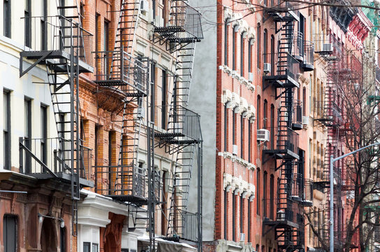 Colorful row of buildings East Village of Manhattan New York City NYC