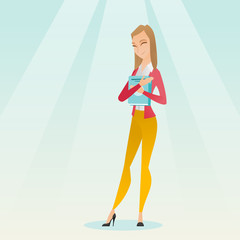 Student hugging her book vector illustration.