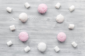 woman breakfast with marsh-mallow light wooden table top view pattern mock up