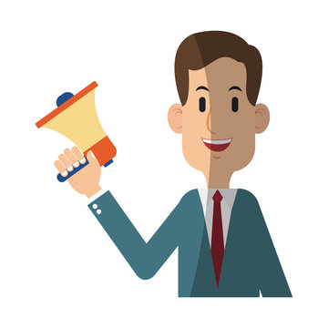 businessman holding a megaphone, cartoon icon over white background. colorful design. vector illustration