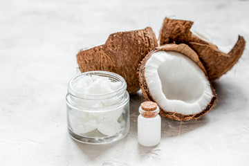 organic cosmetics with coconut on white background