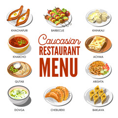 Caucasian restaurant menu with traditional dishes on plates