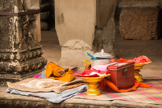 Pooja articles for worship in Buddhist temple
