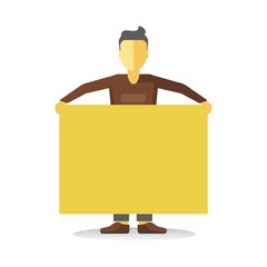 Striking man holding empty yellow banner isolated on white.