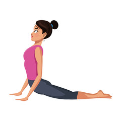 girl doing yoga with cobra pose, cartoon icon over white background. colorful design. vector illustration