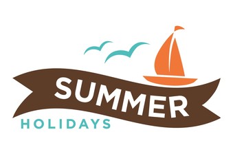 Fototapeta na wymiar Summer holidays logo with ship and seagulls isolated on white.
