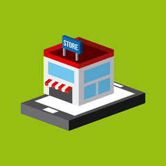 smartphone and store isometric icon over green background. colorful design. vector illustration