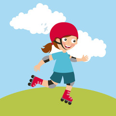 Girl riding skates, cartoon icon over landscape background. colorful design. vector illustration