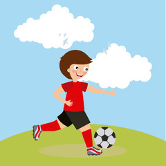 boy playing soccer, cartoon icon over landscape background. colorful design. vector illustration