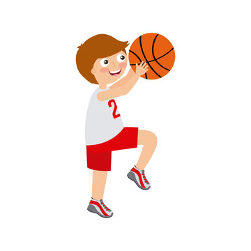 boy playing basketball, cartoon icon over white background. colorful design. vector illustration