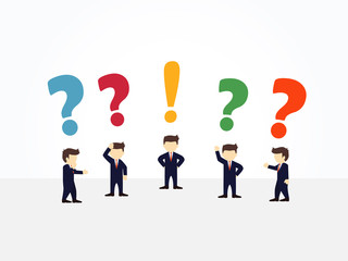 Cartoon working little people with question and idea. Vector illustration for business design and infographic.