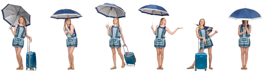 Collage of woman with umbrella and suitcase