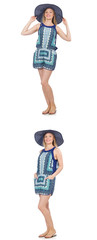 Obraz premium Collage of woman in blue dress and panama on white
