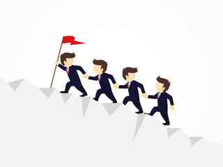 Cartoon working little people trying to climb up mountain holding each others hands. Vector illustration for business design and infographic.