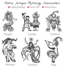 Tattoo set with hand drawn antique mythology characters. Vector illustration