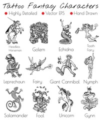 Tattoo set with hand drawn fantasy characters like Fairy, Unicorn, etc. Vector illustration