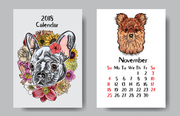 Calendar 2018 monthly with drawing of colourful dog. Chinese new year, the year of the dog zodiac cards templates. Vector.