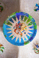 The mosaics in the Park güell. Antonio Gaudi, Barcelona. For a guide