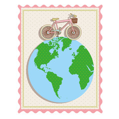 color pastel frame with bicycle over the world map vector illustration