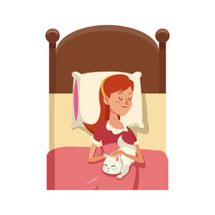 woman slepping at the bed with her cat, cartoon icon over white background. colorful design. vector illustration