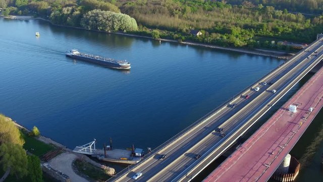Aerial view of large bridge construction site Schiersteiner Bruecke - A643, Germany. The highway bridge connects the German cities Wiesbaden and Mainz, its completion date is scheduled for autumn 2019