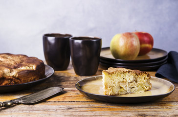 Piece of homemade apple pie, sponge cake 