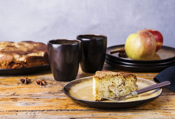 Piece of homemade apple pie, sponge cake 