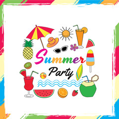 Summer party with fruits drinks and assories on colorful frame.