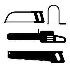 Hand saw silhouette icon set of carpentry tools for sawing wood products