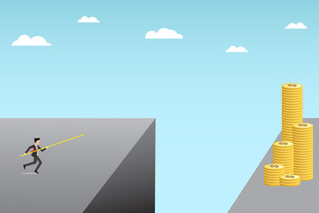 businessman run with apole to jump over a cliff to get money