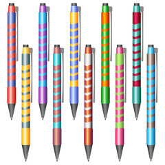 Set of multi-colored pens on a white background
