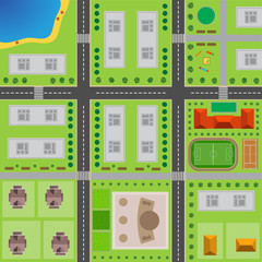Plan Of City. Top view of the city with the road, crossroad, high-rise buildings, trees, shrubs, beach, playground, office building, concert hall, stadium, tennis court and private houses.
