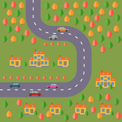 Plan of village. Landscape with the road, forest, cars and houses. Vector illustration 