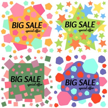 Set of big sale special offer square banners on white background.  Vector background with colorful design elements. Vector illustration.
