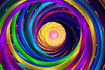 Abstract colorful rainbow fractal spiral. Fantasy design in yellow, pink, purple, blue and green colors. Digital art. 3D rendering.