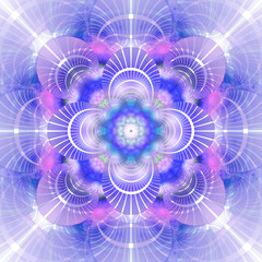 Exotic flower. Abstract mandala design in blue and purple colors. Fantasy fractal ornament. Digital art. 3D rendering.