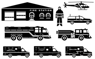 Fireman concept. Detailed illustration of firefighter, fire station building, firetruck and helicopter in flat style on white background. Vector illustration.