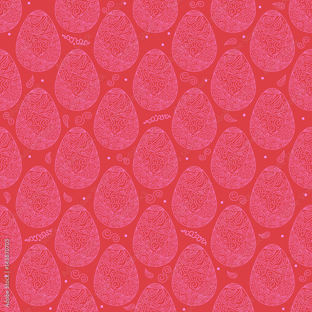 Fototapete vector seamless pattern of pink easter ornate eggs with red background
