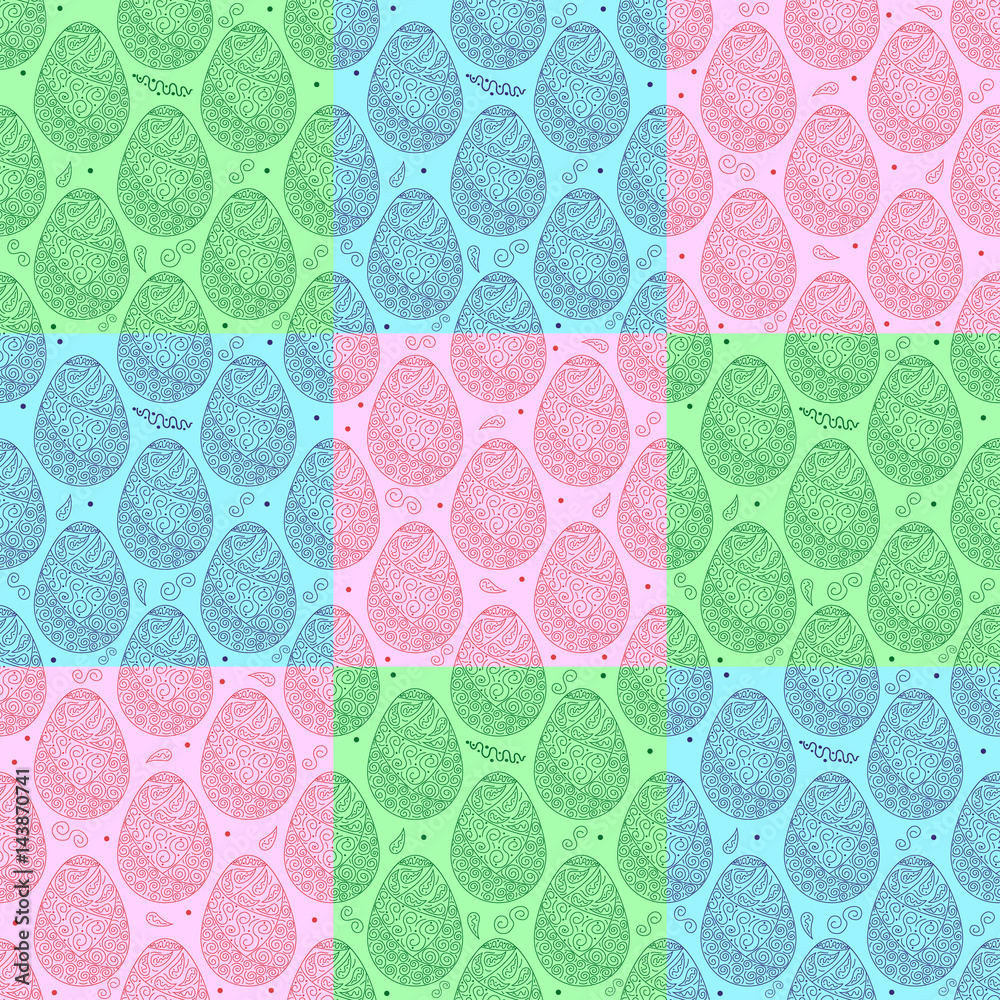 Fototapete vector colorful seamless pattern of easter ornate eggs with three-colored background