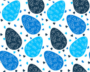 vector seamless pattern of blue, dark blue, light blue  easter eggs with hearts