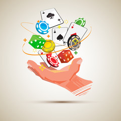 Casino chip, Card, Dices over the human hand. luck and chance in casino game concept - vector