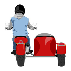 Fototapeta premium Color classic sidecar motorcycle with rider wearing sleeveless jeans jacket, hoodie, black leather gloves and helmet back view isolated on white vector illustration