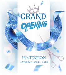 Grand Opening banner with  blue sparkling curly ribbon, scissors amd confetti. Vector illustration