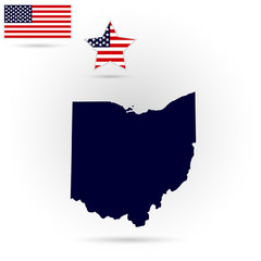 Map of the U.S. state of Ohio on a gray background. American flag, star.