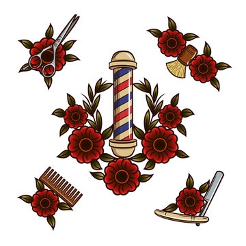 Tools for barbershop. Vector illustration of flowers and tools for men's haircuts in a hipster style