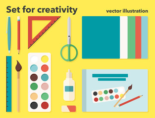 Vector illustration of Set for creativity. Pen, pencil, ruler, scissors, paper, glue, brush, paint, drawing album in flat design style